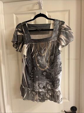Gray Floral-Peacock Print Square-Neck Blouse